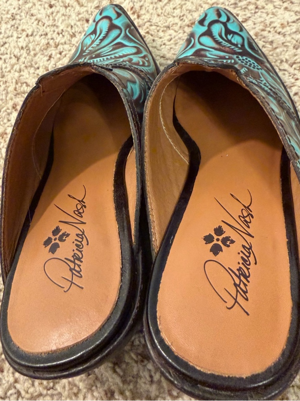 Patricia Nash Tooled Leather Pointed Toe Mules, Brown/Turquoise, Size 5.5 - Picture 7 of 9